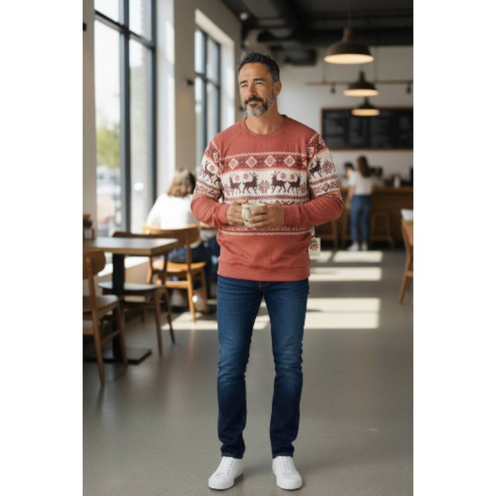 P.J. Salvage Men’s Fair Isle Soft Lightweight Reindeer Sweater – Rust Red – Size
